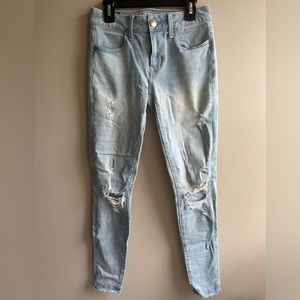 American Eagle, light wash, distressed ripped jeggings
